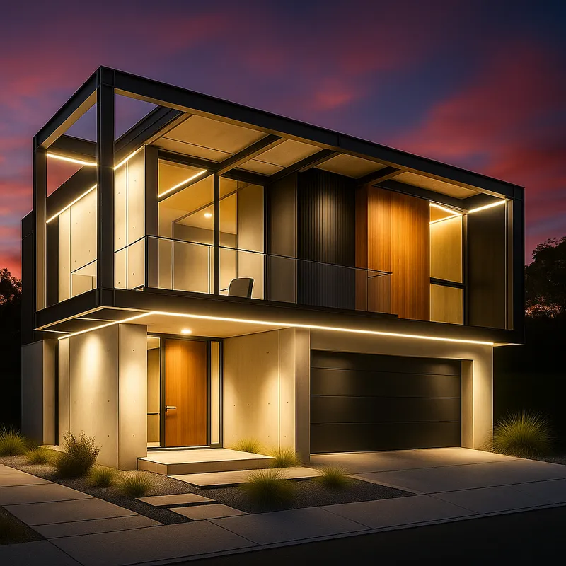 Render nocturno de casa de dos niveles con pórtico de acero negro, concreto visto e iluminación lineal empotrada