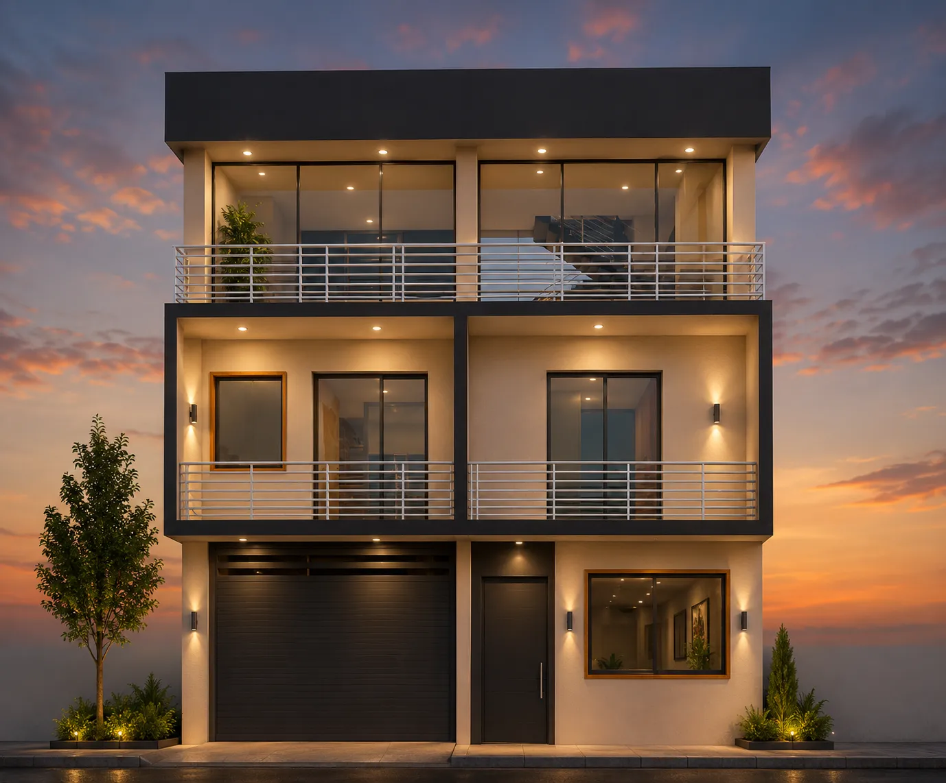 Fachada de casa de tres niveles en terreno angosto con balcones corridos de barandal horizontal al atardecer